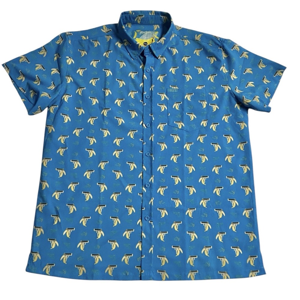 Retro Rifle Shirt Mens Organic Blue Bananas Pistol Tropical Button Up Size‎ 2XL